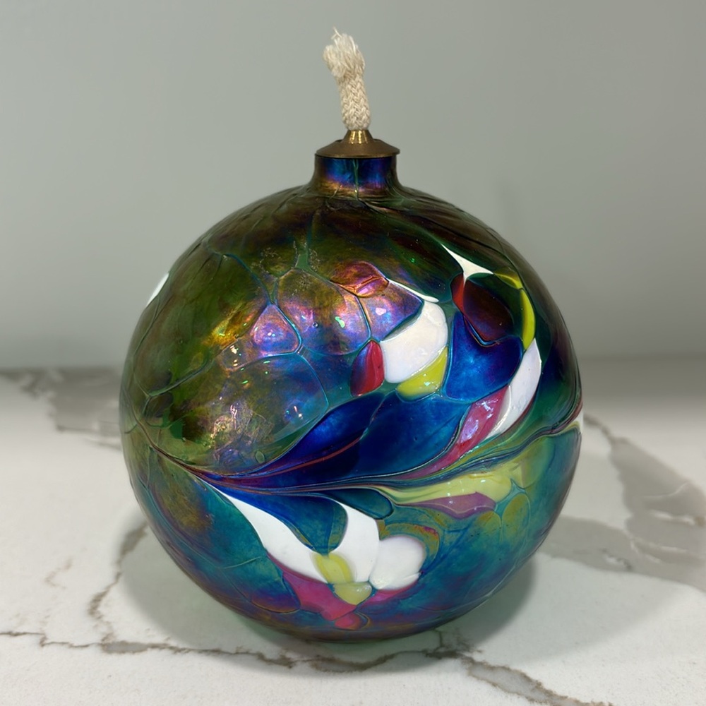 Handblown Iridescent Mosaic Art Glass Oil Lamp With Brass Top - Picture 2 of 14